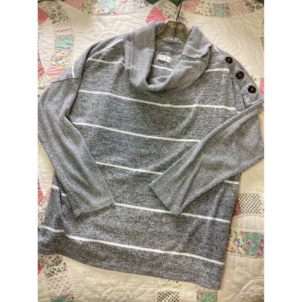 Maurices 24/7 Striped Cowl Neck Sweater Gray White Button Shoulder Large